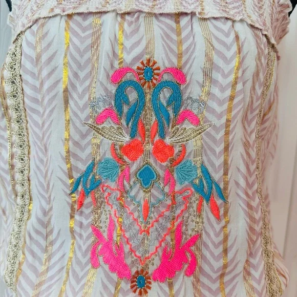 VENUS ~ Creams, Pinks, and Golds Embroidered Lace Glitter Tube Top Maxi Dress - Picture 5 of 11